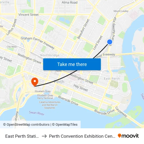 East Perth Station to Perth Convention Exhibition Centre map