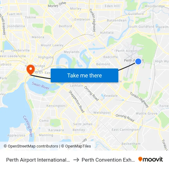 Perth Airport International Terminal T1 T2 to Perth Convention Exhibition Centre map