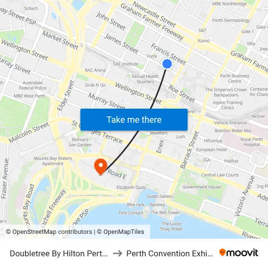 Doubletree By Hilton Perth Northbridge to Perth Convention Exhibition Centre map