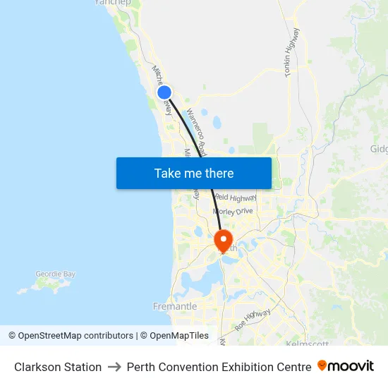 Clarkson Station to Perth Convention Exhibition Centre map