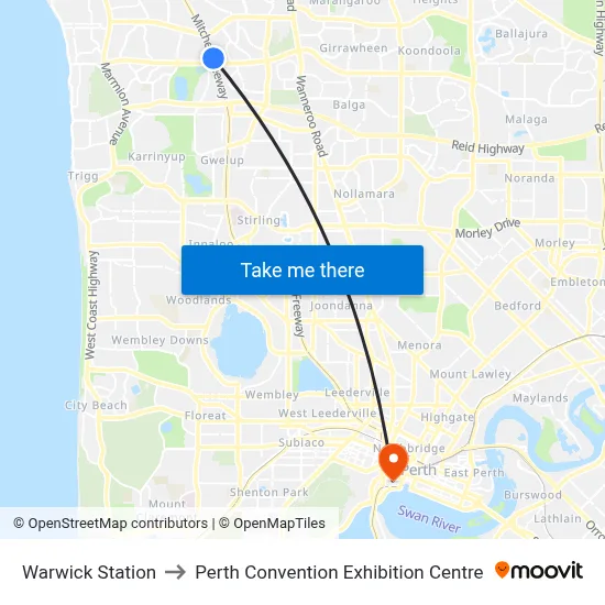 Warwick Station to Perth Convention Exhibition Centre map
