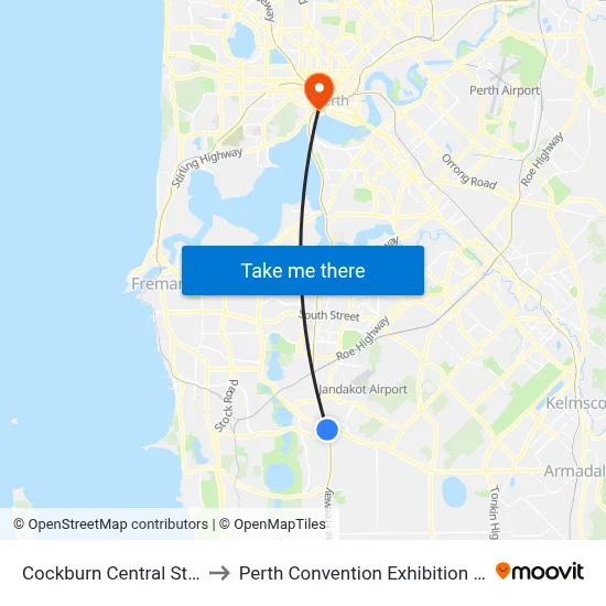 Cockburn Central Station to Perth Convention Exhibition Centre map