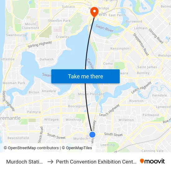 Murdoch Station to Perth Convention Exhibition Centre map