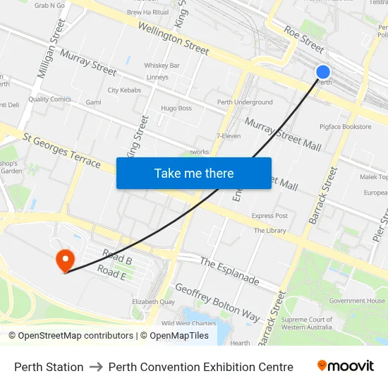 Perth Station to Perth Convention Exhibition Centre map