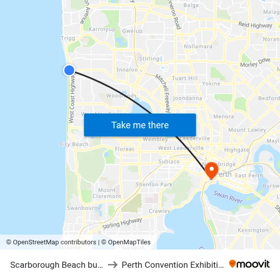 Scarborough Beach bus Station to Perth Convention Exhibition Centre map