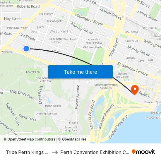 Tribe Perth Kings Park to Perth Convention Exhibition Centre map
