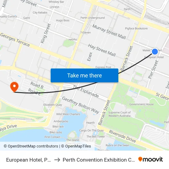 European Hotel, Perth to Perth Convention Exhibition Centre map