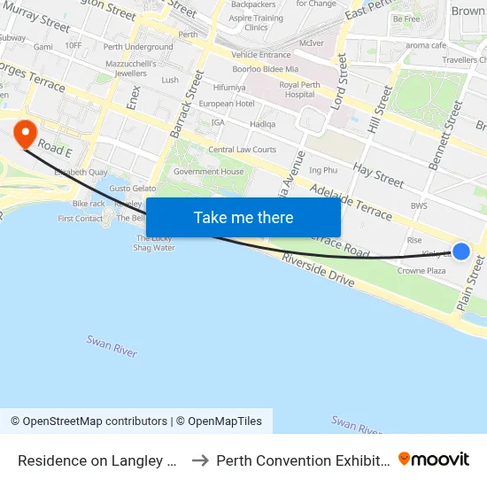 Residence on Langley Park, Perth to Perth Convention Exhibition Centre map