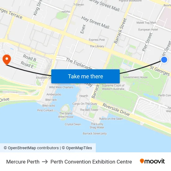 Mercure Perth to Perth Convention Exhibition Centre map
