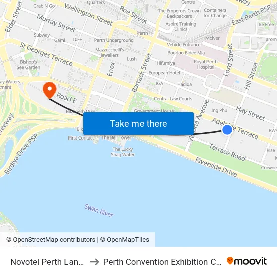 Novotel Perth Langley to Perth Convention Exhibition Centre map