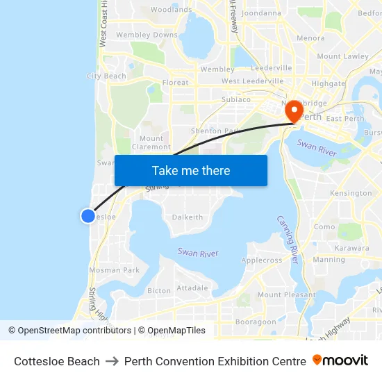 Cottesloe Beach to Perth Convention Exhibition Centre map
