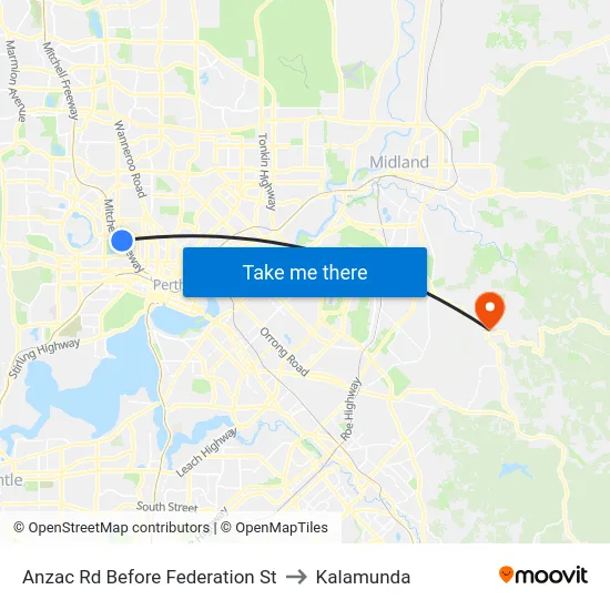 Anzac Rd Before Federation St to Kalamunda map