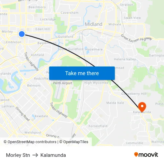 Morley Stn to Kalamunda map