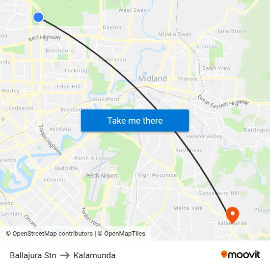 Ballajura Stn to Kalamunda map