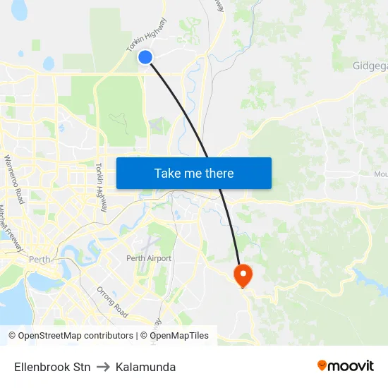 Ellenbrook Stn to Kalamunda map