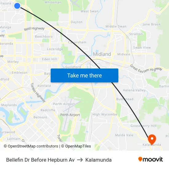 Bellefin Dr Before Hepburn Av to Kalamunda map