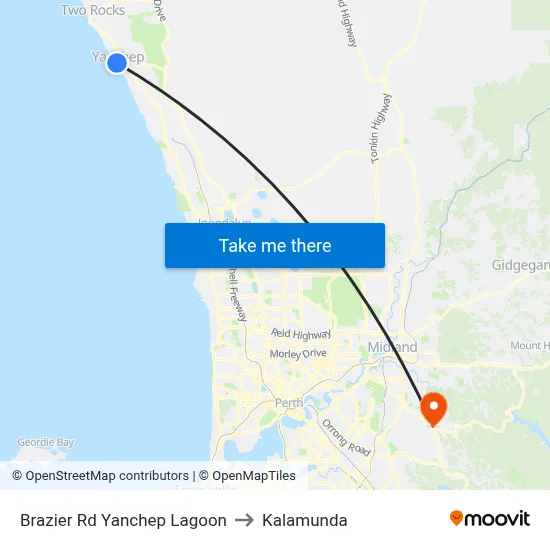 Brazier Rd Yanchep Lagoon to Kalamunda map