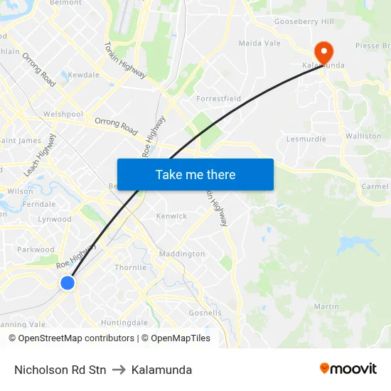 Nicholson Rd Stn to Kalamunda map