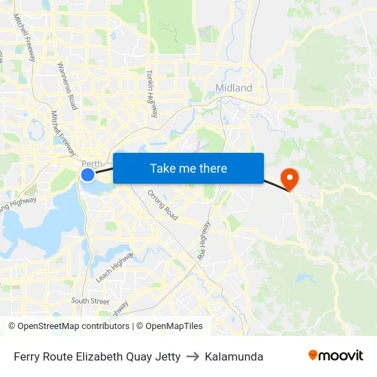 Ferry Route Elizabeth Quay Jetty to Kalamunda map