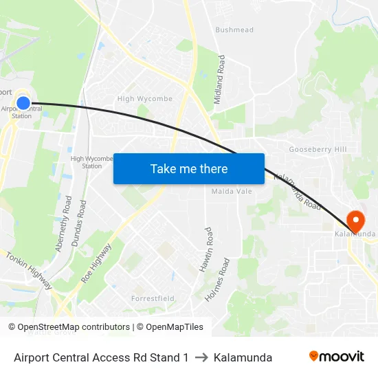 Airport Central Access Rd Stand 1 to Kalamunda map