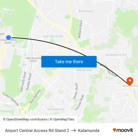 Airport Central Access Rd Stand 2 to Kalamunda map
