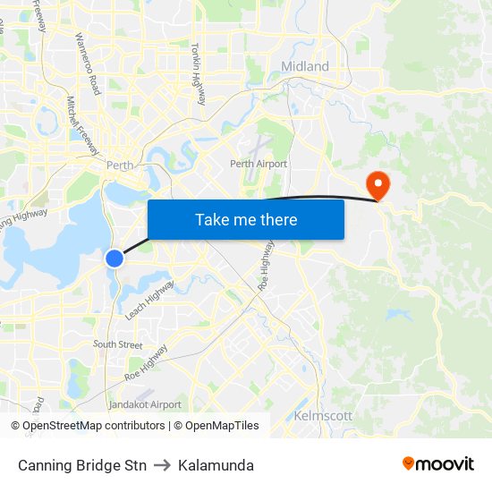 Canning Bridge Stn to Kalamunda map