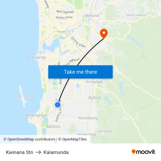 Kwinana Stn to Kalamunda map