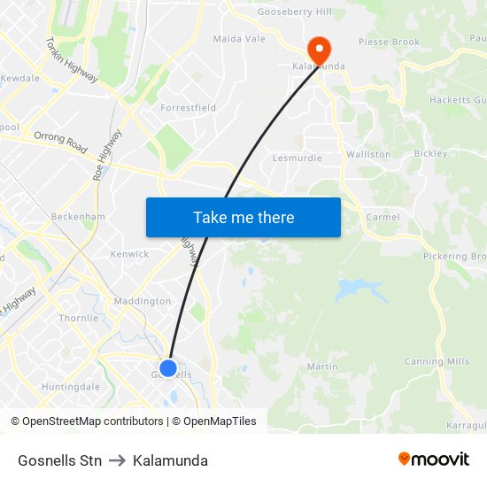 Gosnells Stn to Kalamunda map