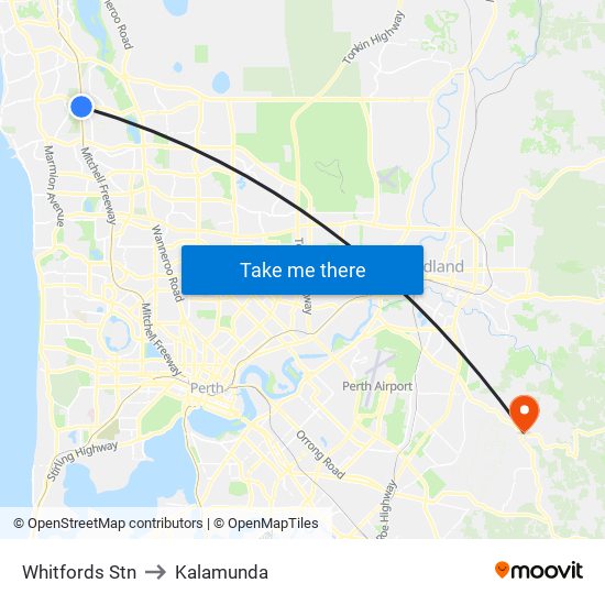 Whitfords Stn to Kalamunda map
