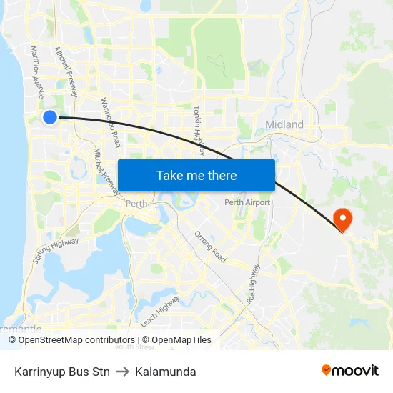 Karrinyup Bus Stn to Kalamunda map