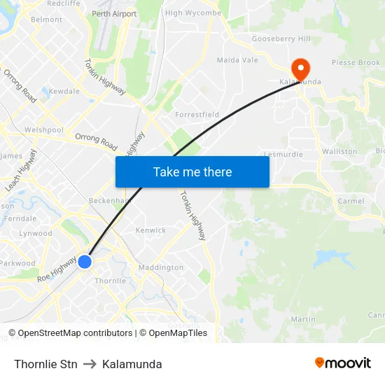 Thornlie Stn to Kalamunda map