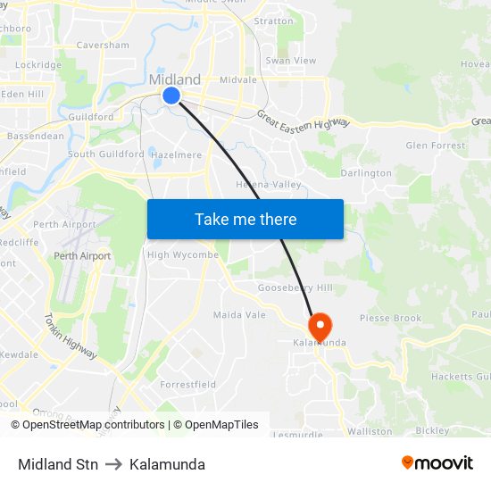 Midland Stn to Kalamunda map