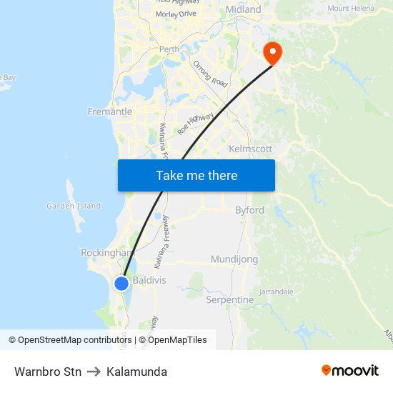 Warnbro Stn to Kalamunda map