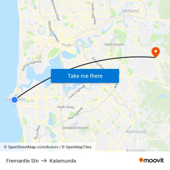 Fremantle Stn to Kalamunda map