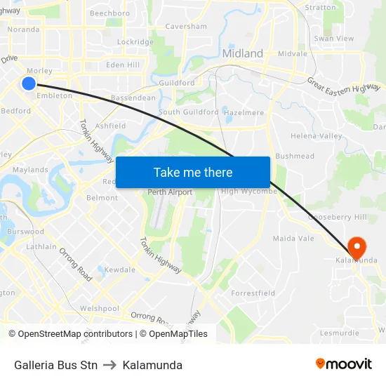 Galleria Bus Stn to Kalamunda map