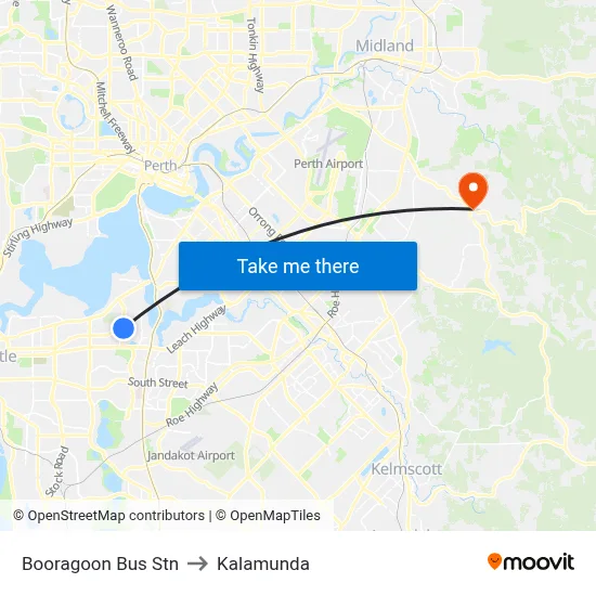 Booragoon Bus Stn to Kalamunda map