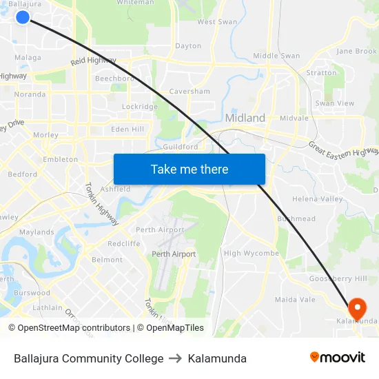 Ballajura Community College to Kalamunda map