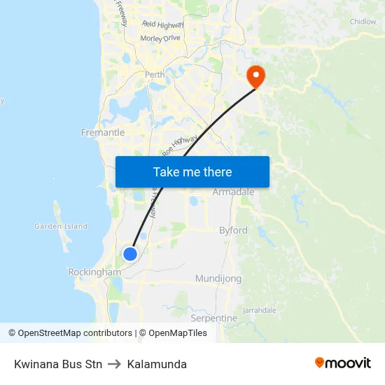 Kwinana Bus Stn to Kalamunda map