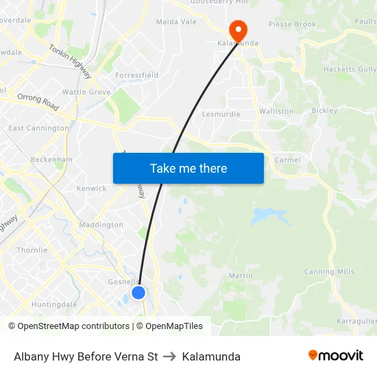 Albany Hwy Before Verna St to Kalamunda map