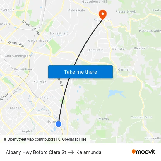Albany Hwy Before Clara St to Kalamunda map