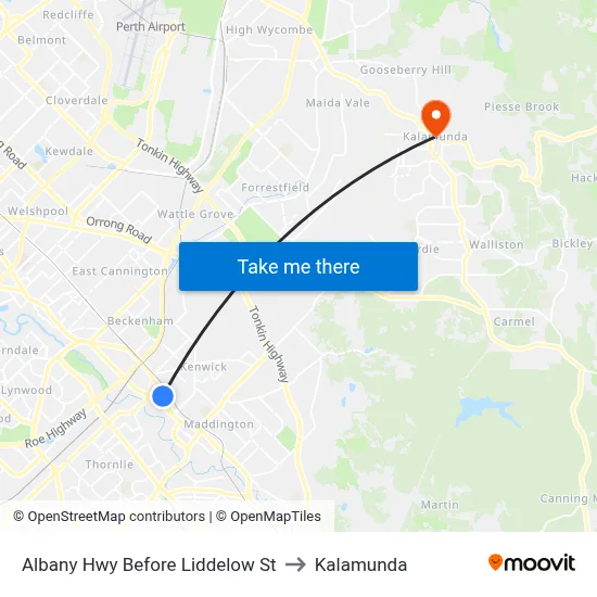 Albany Hwy Before Liddelow St to Kalamunda map