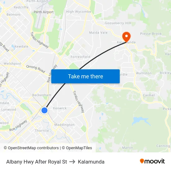 Albany Hwy After Royal St to Kalamunda map