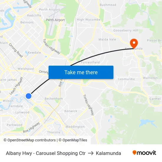 Albany Hwy - Carousel Shopping Ctr to Kalamunda map