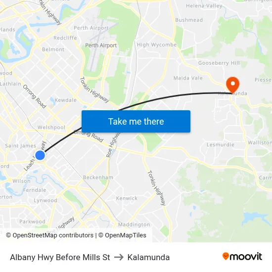 Albany Hwy Before Mills St to Kalamunda map