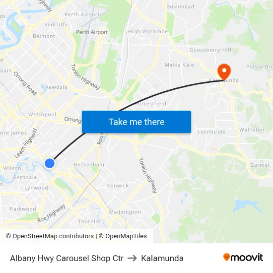 Albany Hwy Carousel Shop Ctr to Kalamunda map