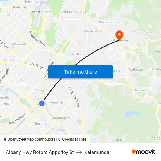 Albany Hwy Before Apperley St to Kalamunda map