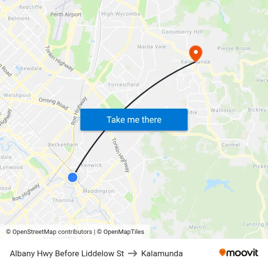 Albany Hwy Before Liddelow St to Kalamunda map