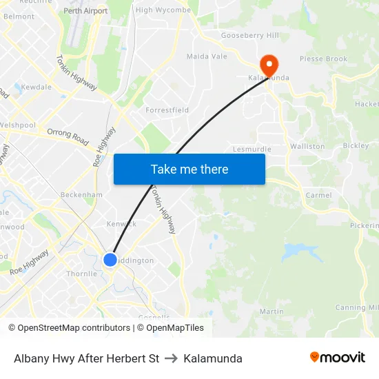 Albany Hwy After Herbert St to Kalamunda map