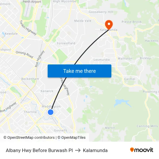 Albany Hwy Before Burwash Pl to Kalamunda map