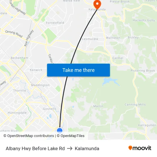 Albany Hwy Before Lake Rd to Kalamunda map